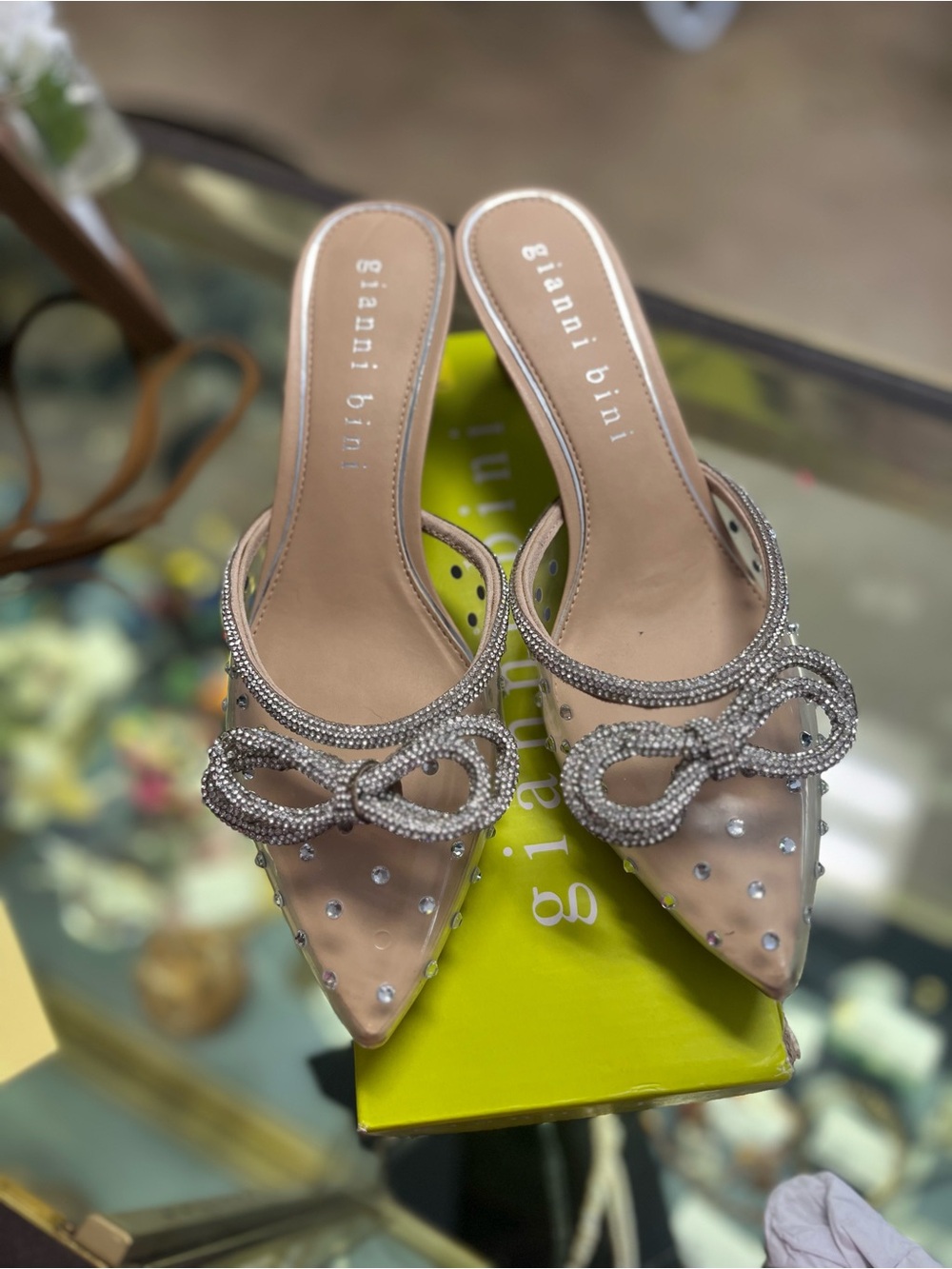 Gianni Bini Blush Crystal Bow Pointed Mules